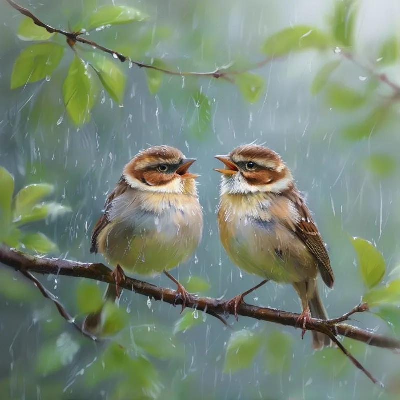 A pair of brown sparrows open their beaks to sing while rain drips from surrounding green foliage.