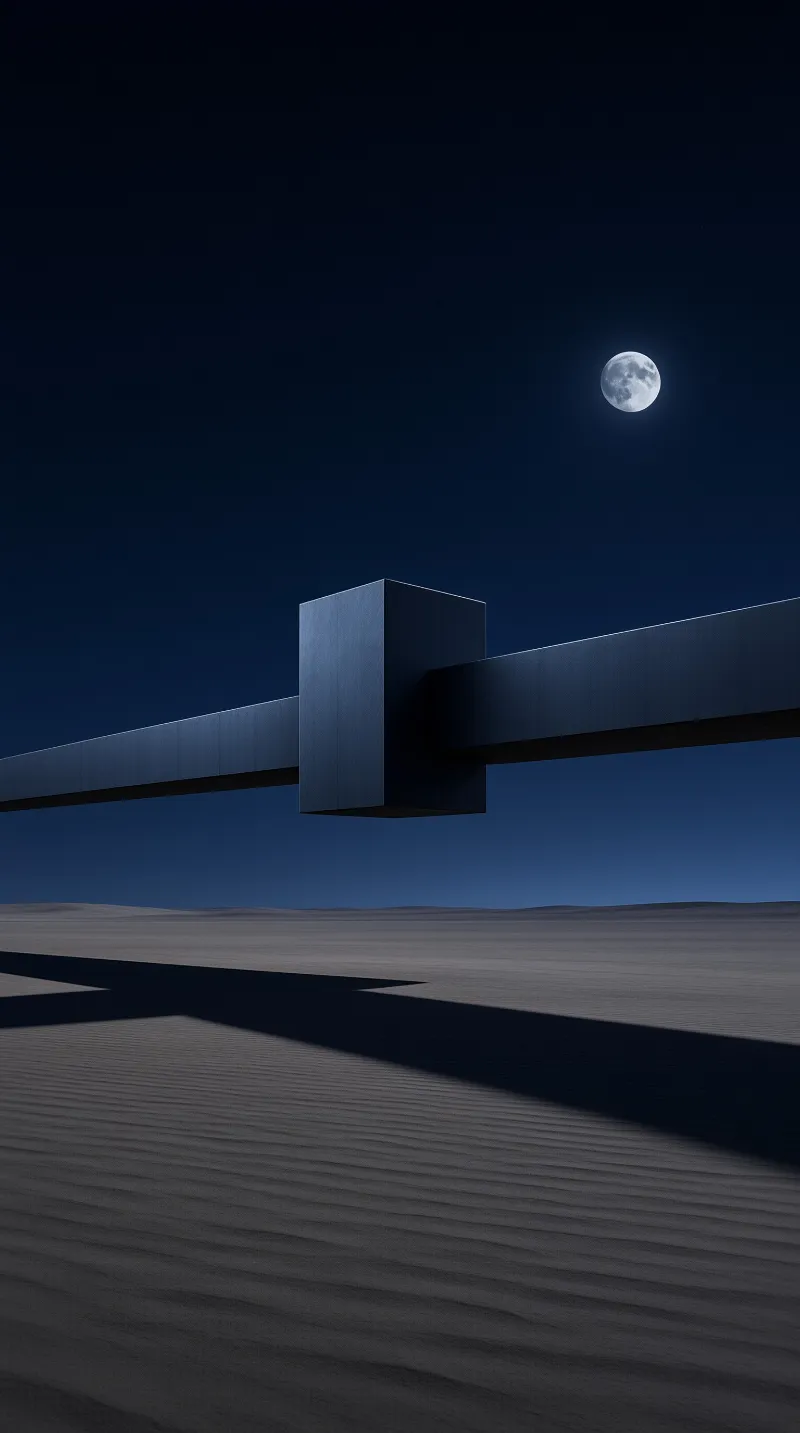 A dark cube pierced by a long beam hovers over rippled sand while a full moon casts a sharp diagonal shadow.