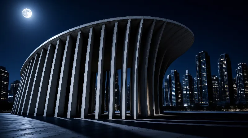 Slanting concrete fins sweep in an arc beneath a bright moon, with lit towers glowing beyond.