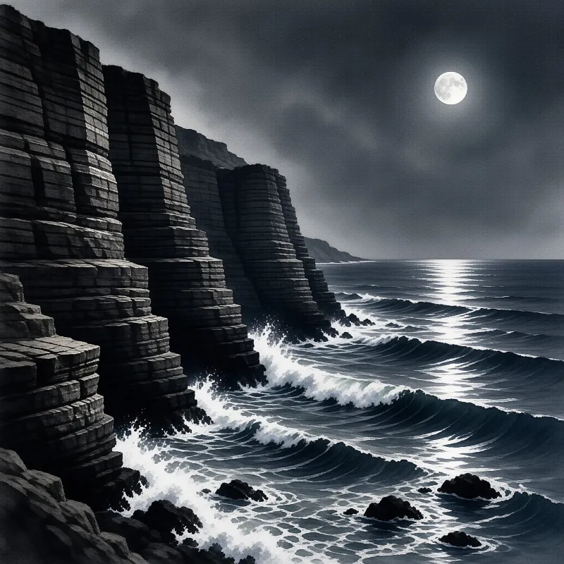 Towering basalt columns stand along the ocean edge under a bright full moon reflecting on the water.