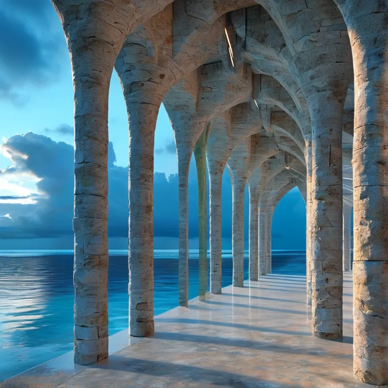 Stone pillars line the waterfront creating arches while warm light contrasts with the cool blue ocean and sky.