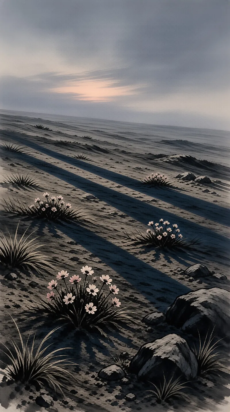 Small white blooms and spiky grass grow across a rocky plain while the sun casts deep dark shadows across the ground.
