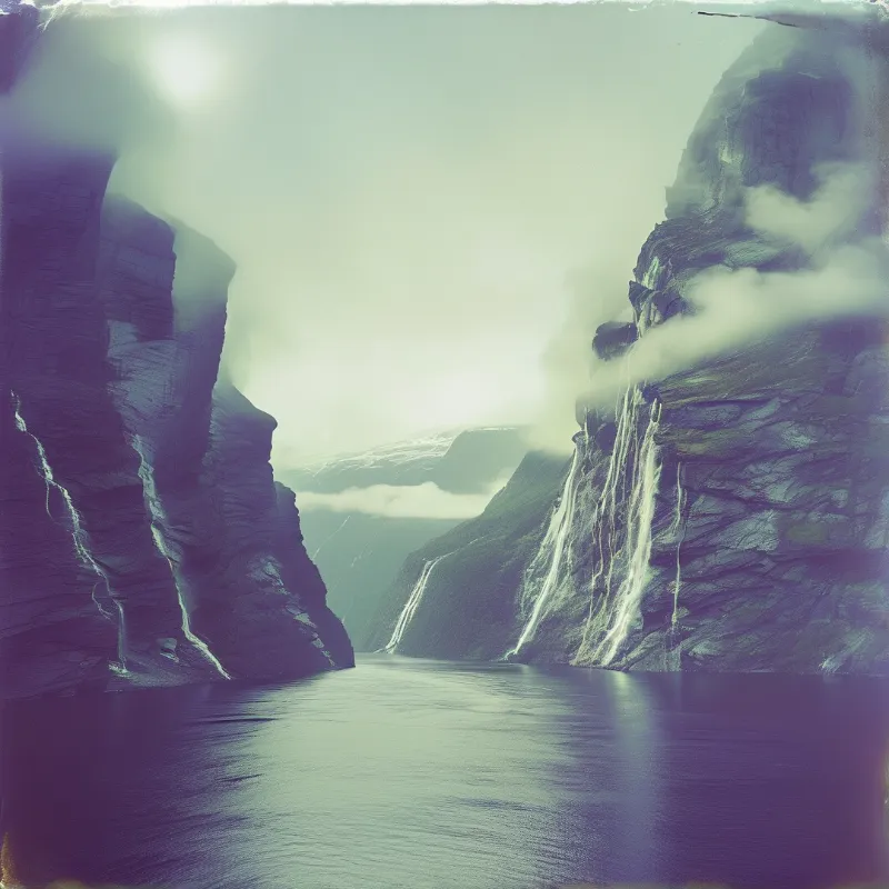 Steep layered cliffs plunge into a calm fjord while thin waterfalls thread down toward misty distant peaks.