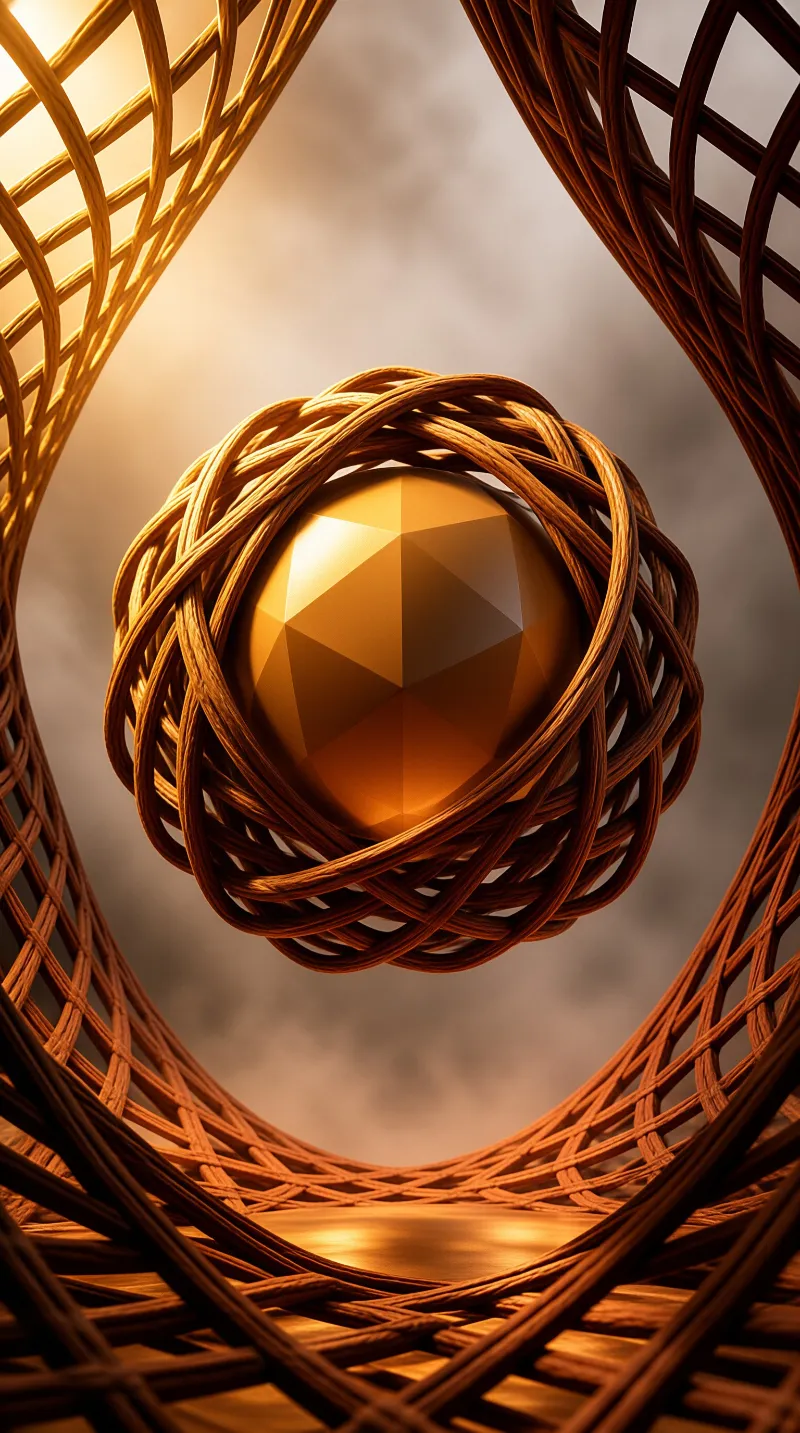 A polished orange sphere sits inside woven willow hoops suspended in a lattice tunnel of warm light.