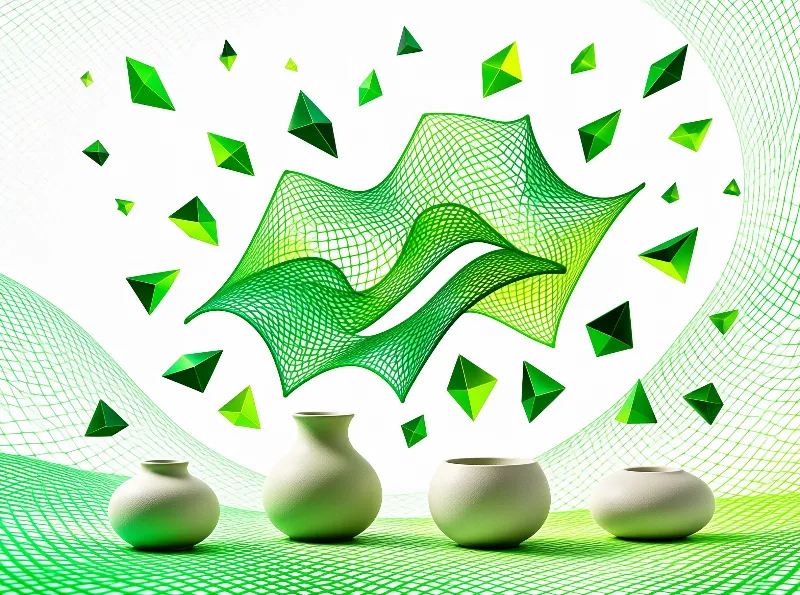 Flowing digital grids in lime and emerald hover over matte white pots while faceted shards float through the scene