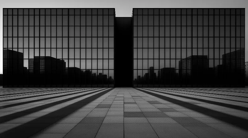 Symmetrical black and white view of glass buildings with grid windows casting sharp shadows on a paved ground.