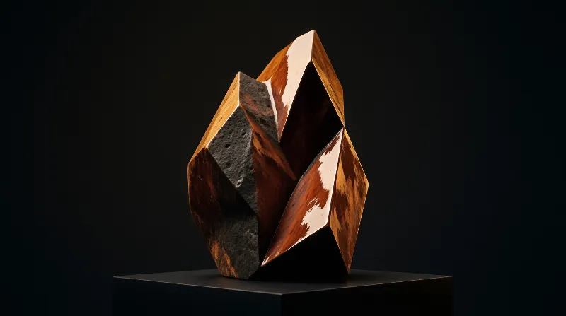 A geometric sculpture with shiny copper and grey facets stands on a black pedestal in a studio.