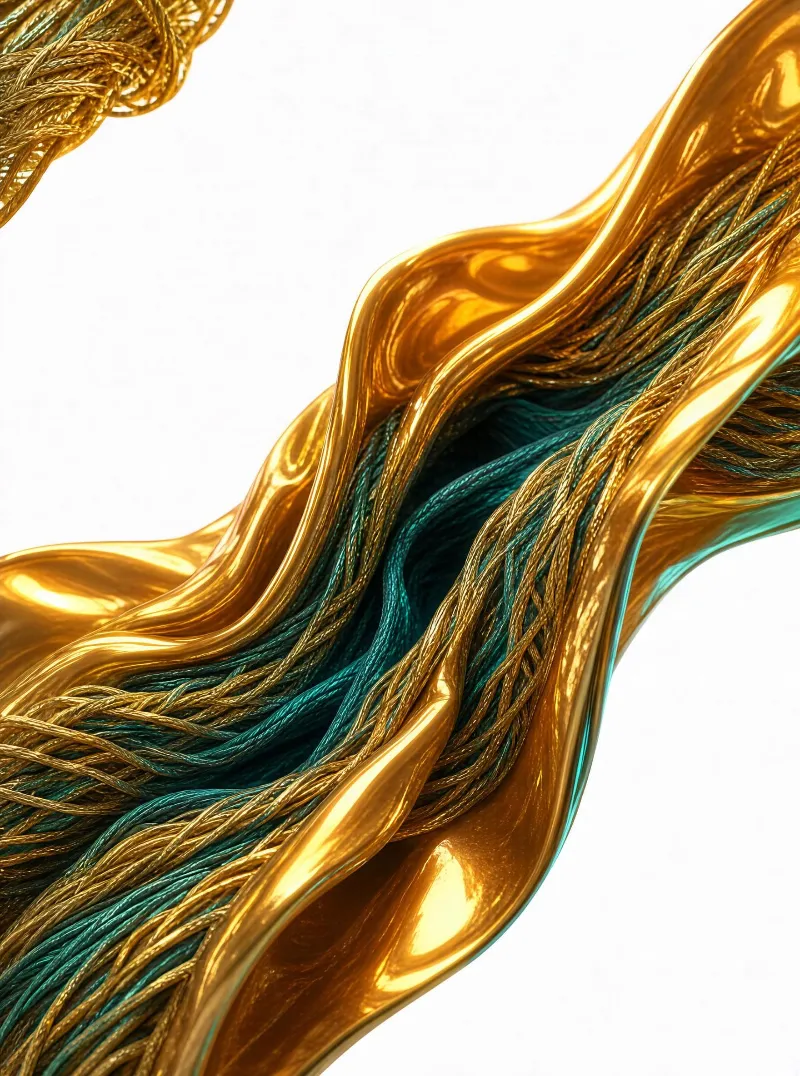 A close-up of flowing golden thread waves containing teal strands, set against a plain white background