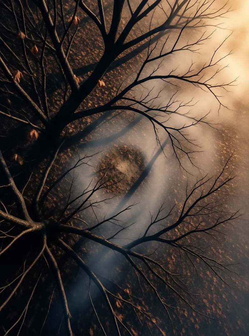 Dark tree silhouettes frame the scene while beams of warm light cut through the fog below.