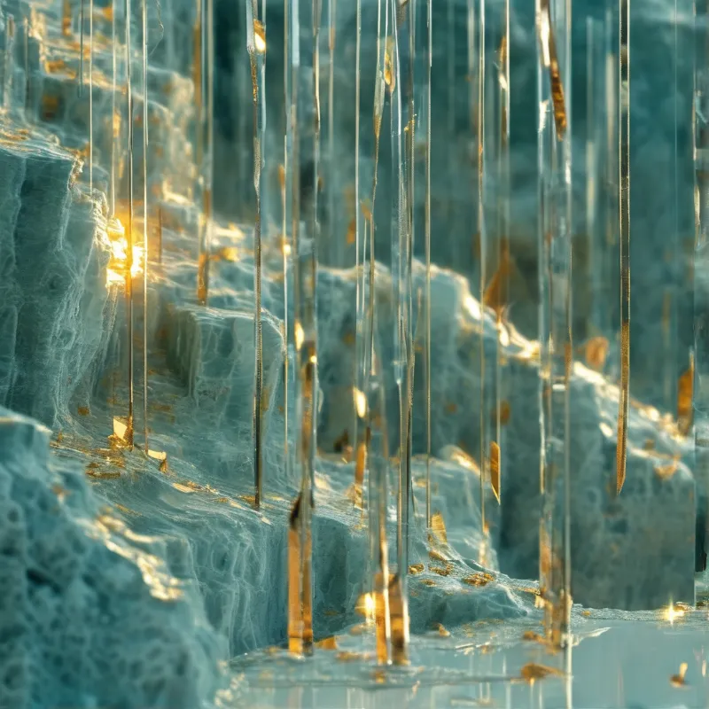 Long clear vertical icicles hang above a rocky blue surface while warm sunlight filters through the scene from the left side.