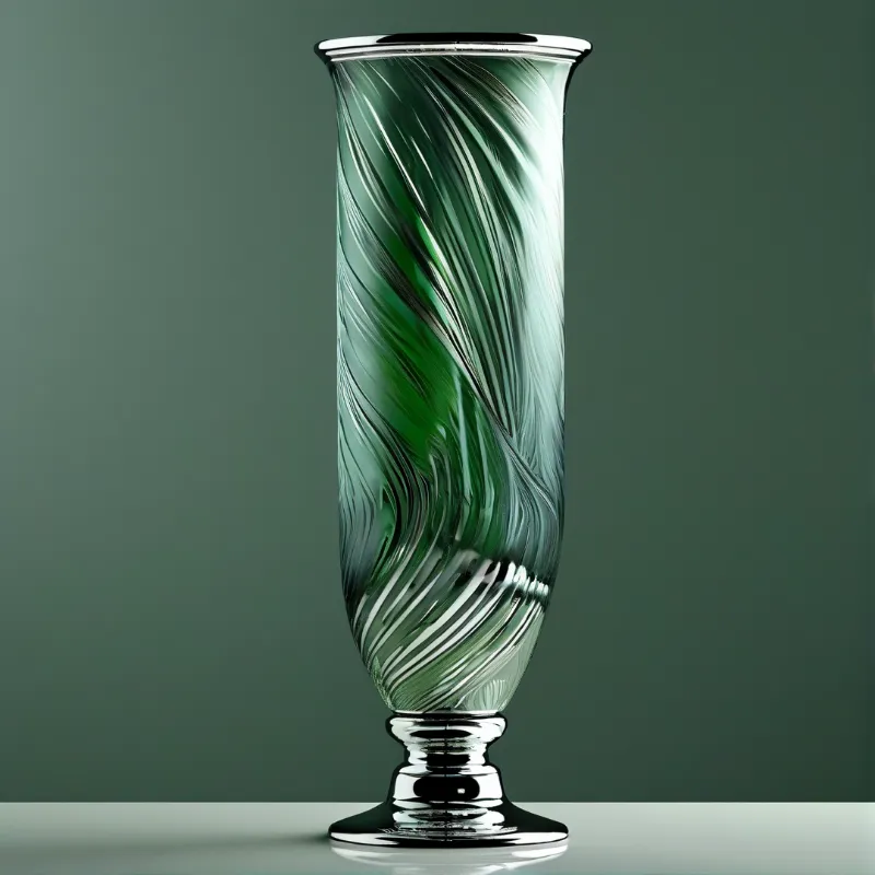 A tall cylindrical vessel crafted from swirled green and white glass stands against a solid dark teal surface.