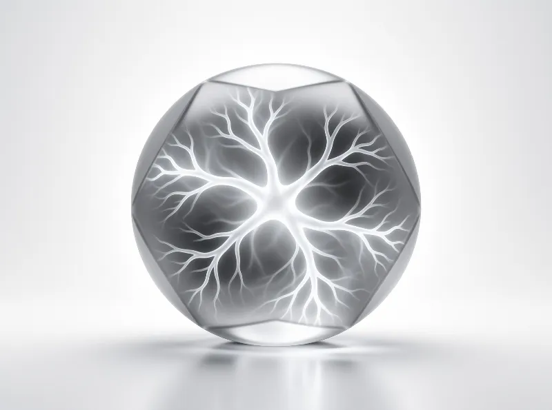 A transparent faceted sphere holds a luminous branching network against a plain white background with soft shadows.