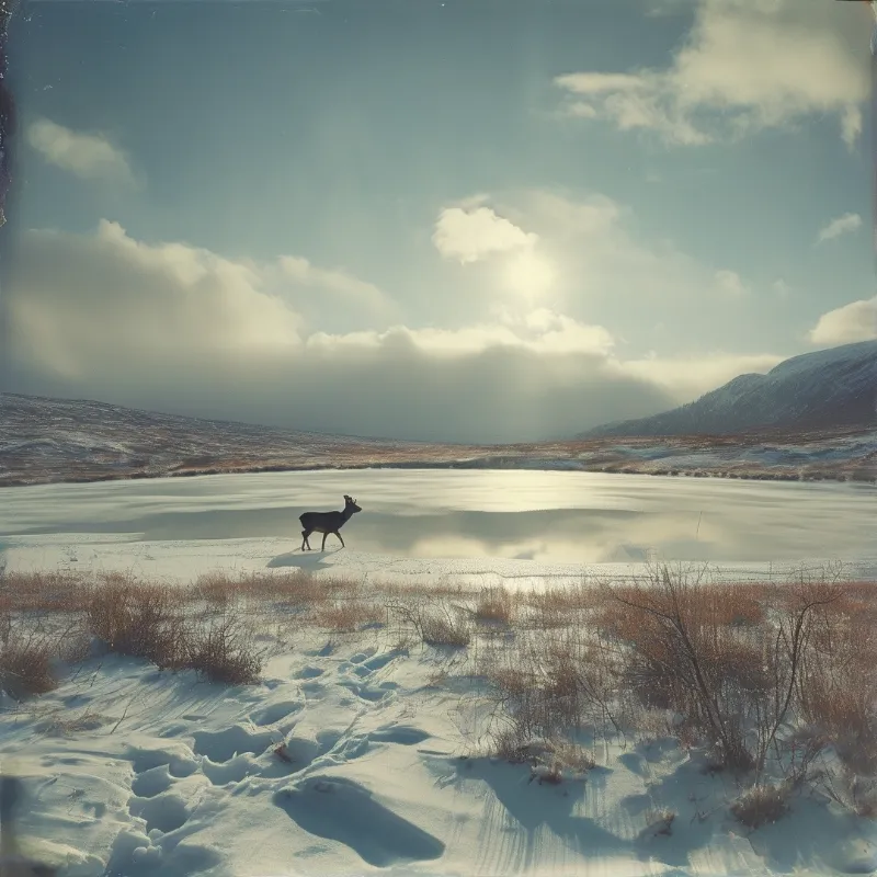 A solitary deer stands near a frozen lake while bright light beams cut through clouds above distant snowy mountains.