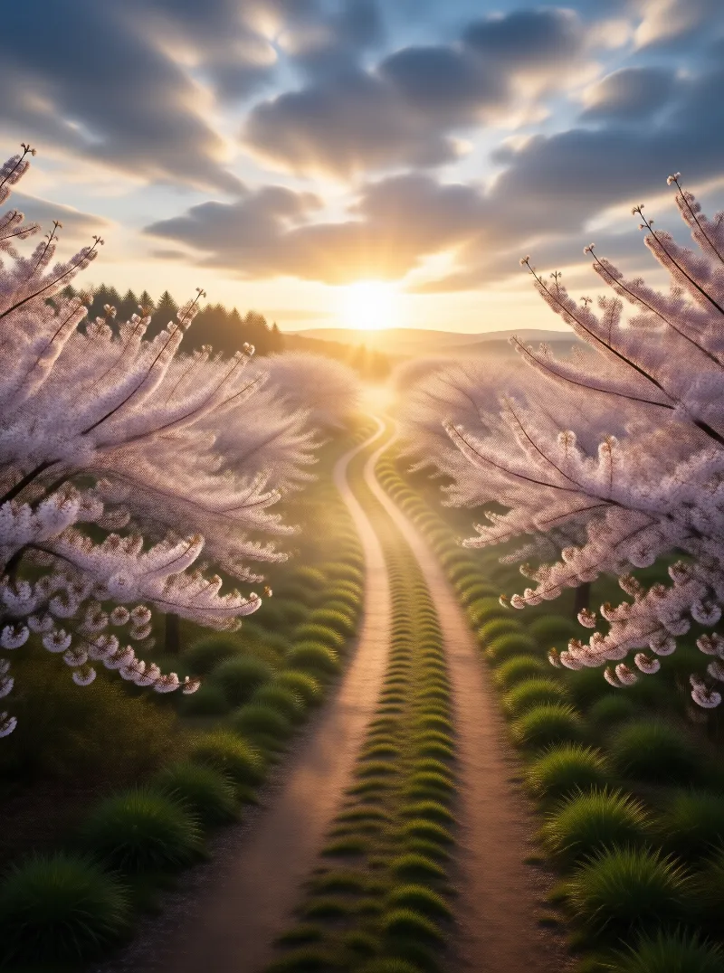 Cherry Blossom Path at Sunset