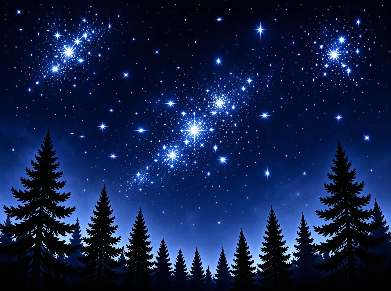 Dark evergreen silhouettes stand below a deep blue sky filled with bright white constellations and scattered stars.