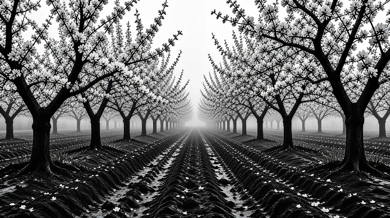 Monochrome view of blossom-covered trees arranged in parallel agricultural lines fading into fog.
