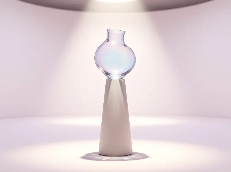 A rounded iridescent glass vessel balances on a tall matte cone pedestal, lit from above in a soft blush-toned studio.