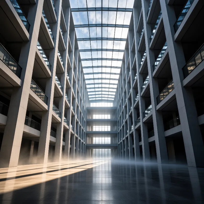 Tall building interior with symmetrical balconies, glass skylight, and sunlight cutting through mist on the floor.