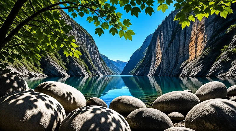 Overhanging green maple leaves frame smooth rounded rocks beside a still clear glacial lake between tall granite cliff walls under bright blue sky