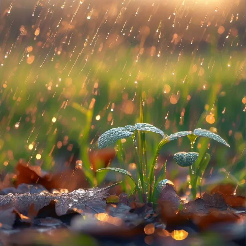 A small green seedling grows amidst brown leaves while bright water droplets fall around it in warm sunlight.