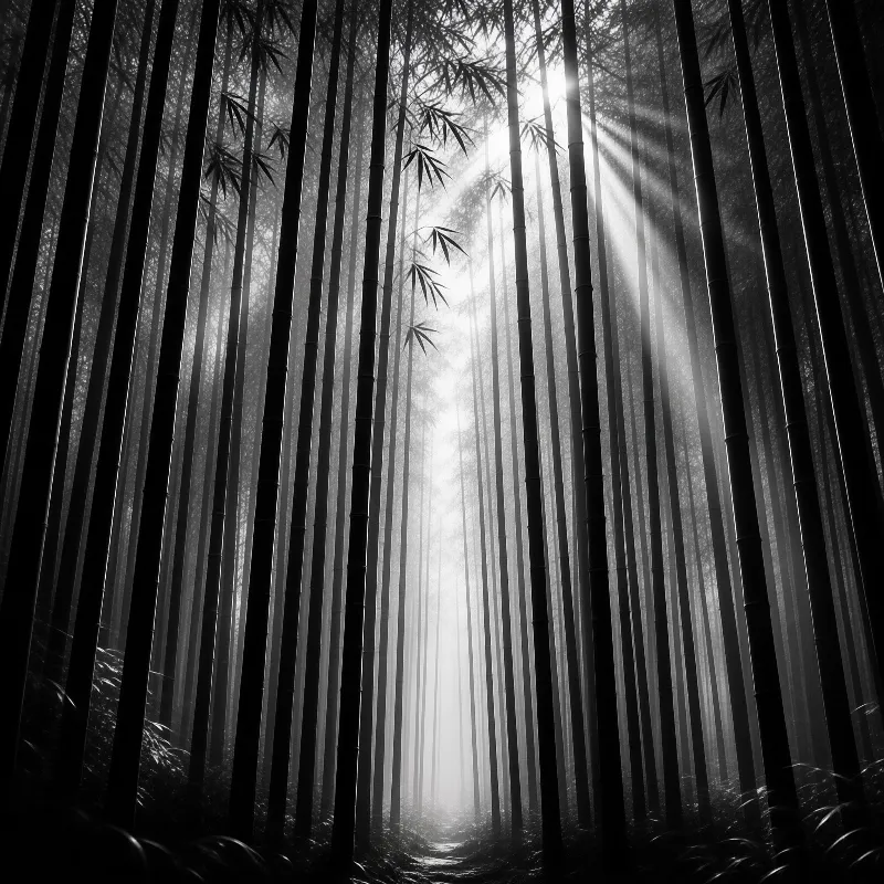 Tall dark bamboo stalks rise vertically in a misty grove where bright sunlight beams down from above.