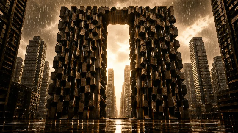 Futuristic Arch in Rainy Cityscape