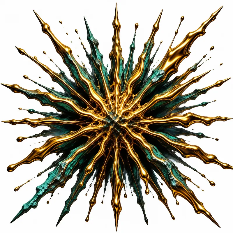 A dynamic burst of shiny gold and blue green liquid splattering outwards against a clean white background.