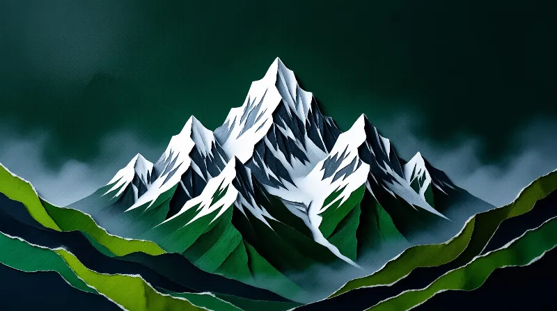Paper cut art of snow capped mountain peaks above layered green hills with soft mist against a dark blue sky.