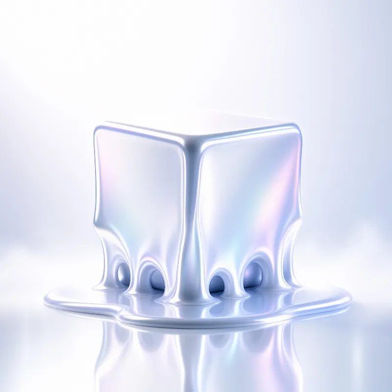 A pearlescent cube deforms into liquid legs on a shiny white floor with soft lighting.