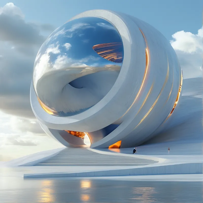 A colossal white orb with a reflective opening and glowing seams rises above broad steps and water.