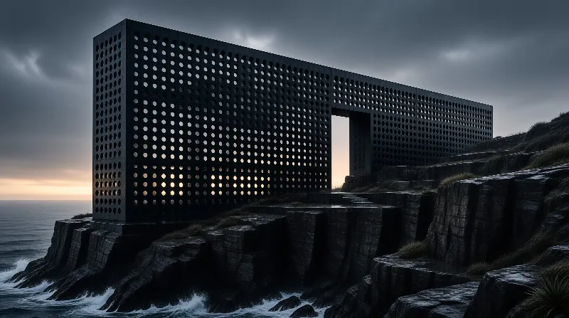 Dark concrete building with circular perforations stands on a jagged coastal cliff, sunset light glowing through its facade.