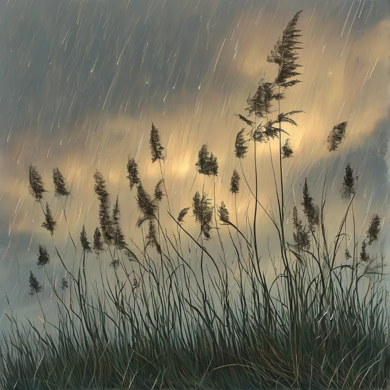 Reeds in the Rain at Sunset