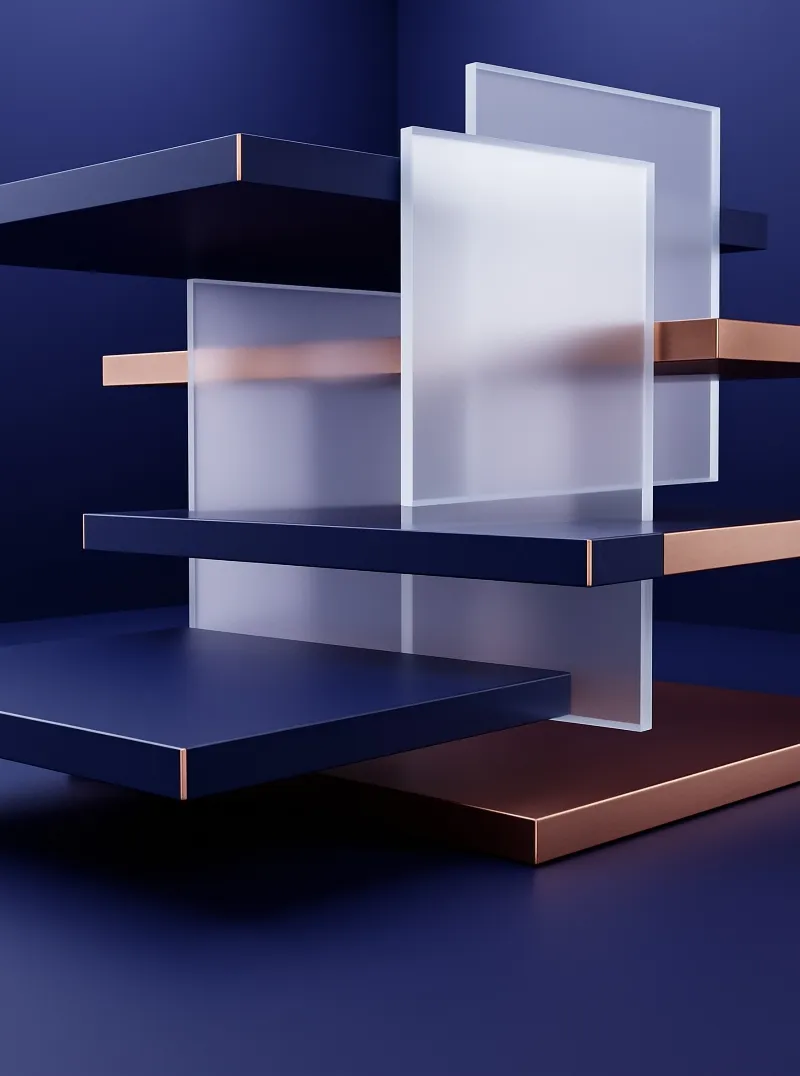 Glossy dark blue and copper planes intersect with translucent white panels against a solid deep blue backdrop.
