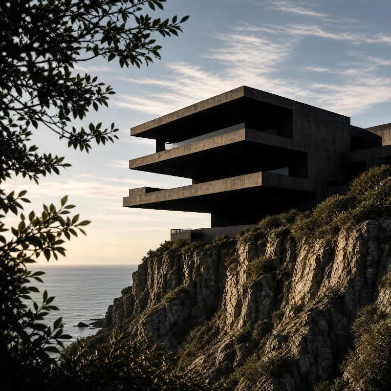 A dark concrete building with cantilevered floors sits atop a rocky cliff overlooking a calm sea under a sky with soft clouds