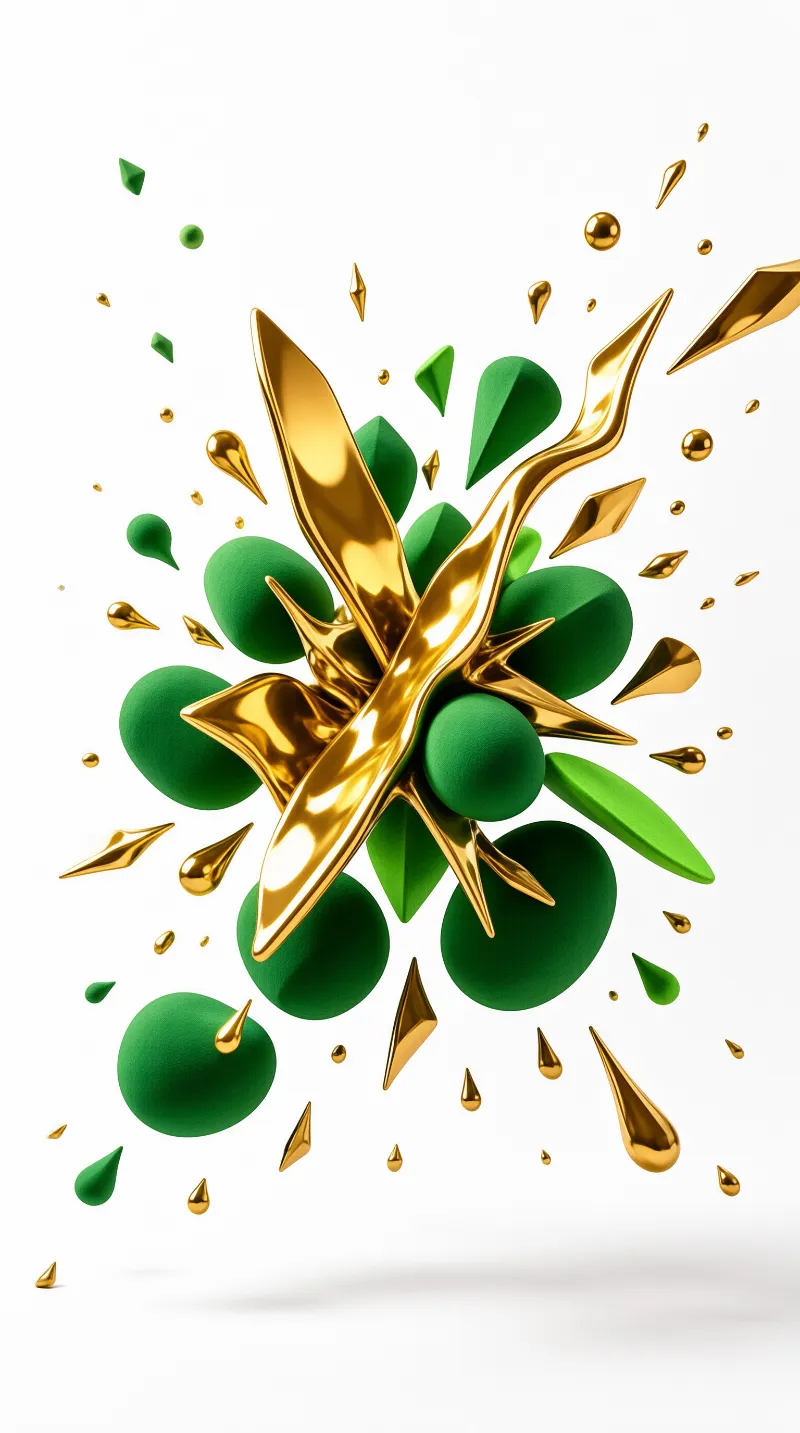 Shiny yellow shards explode radially from a group of dark green velvet balls suspended in bright emptiness.