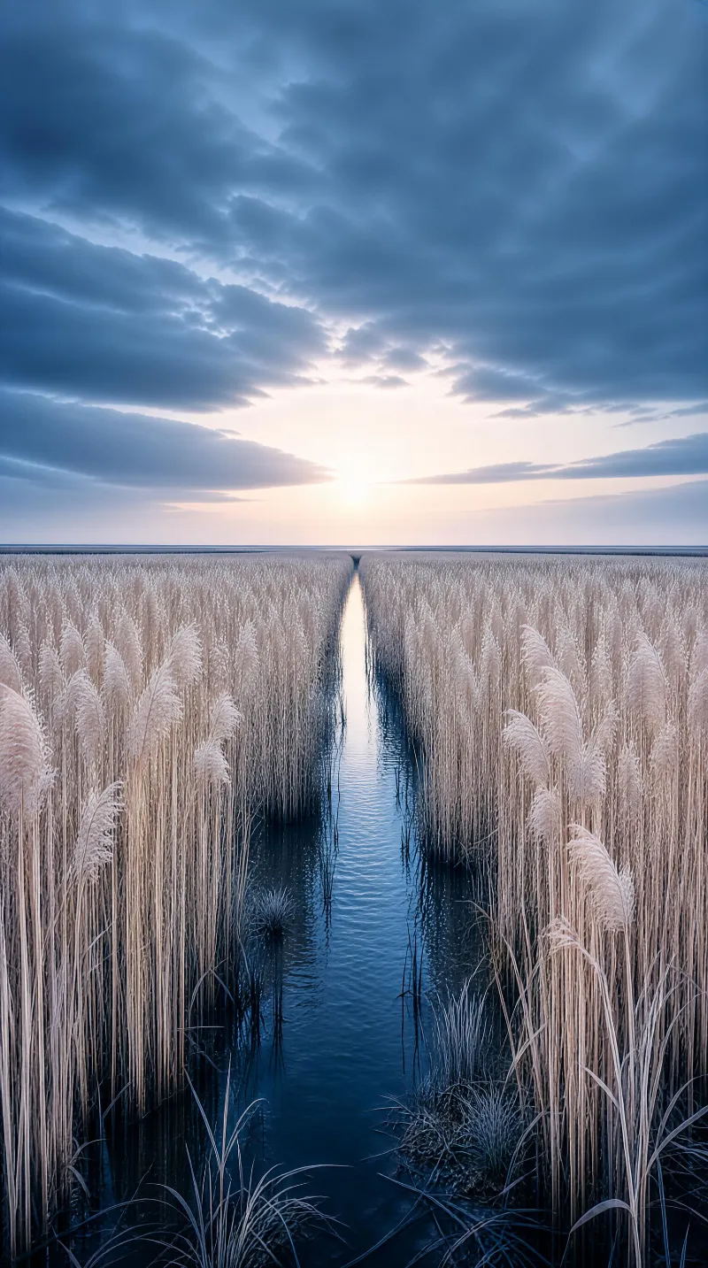 Tall golden reeds line a narrow water channel leading to a low sun glowing through clouds, with cool blue and warm tones blending over the marshland at dusk.