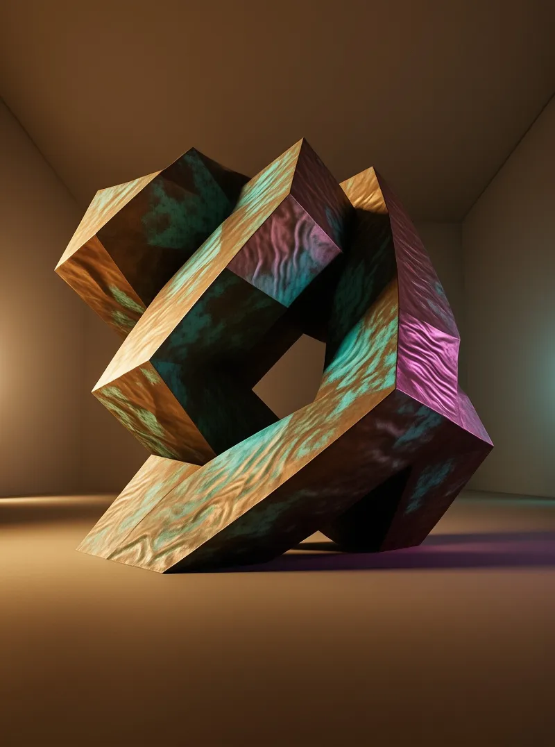 A large angular iridescent ring with rippled gold teal and purple surfaces stands in an empty room lit from the right.