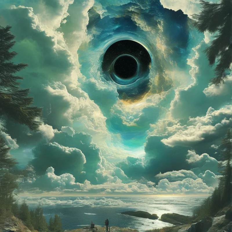 A massive cosmic void dominates the teal clouds above a coastal shore where two figures observe.