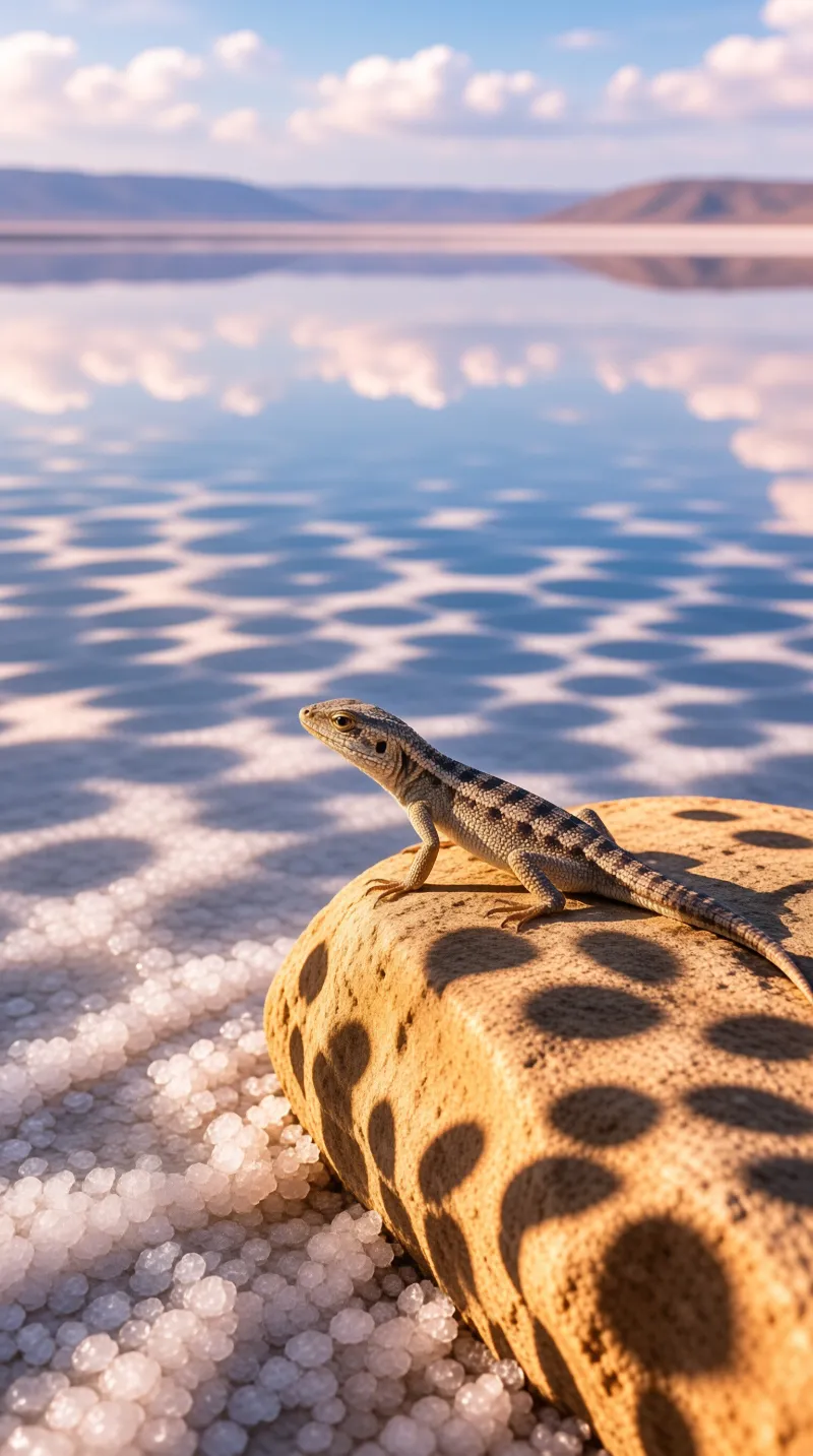 A small patterned reptile perches on warm rock as mirrored cloud pools ripple across the basin.