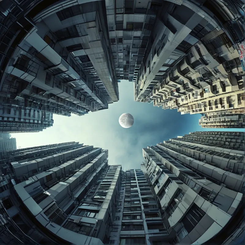 A distorted upward view of a bright full moon framed by dense residential towers in a crowded urban environment.