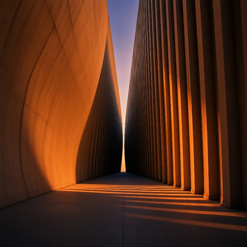 A narrow passage between a fluted colonnade and curved wall glowing in warm orange sunset light with long shadows