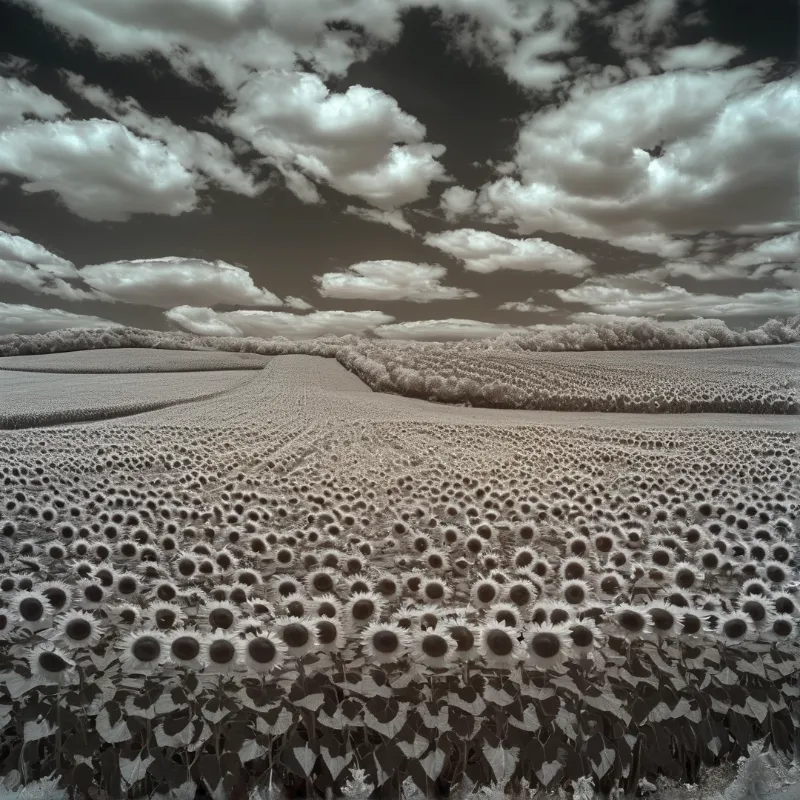 A large field of sunflowers appears pale under a dramatic sky filled with bright cumulus clouds.