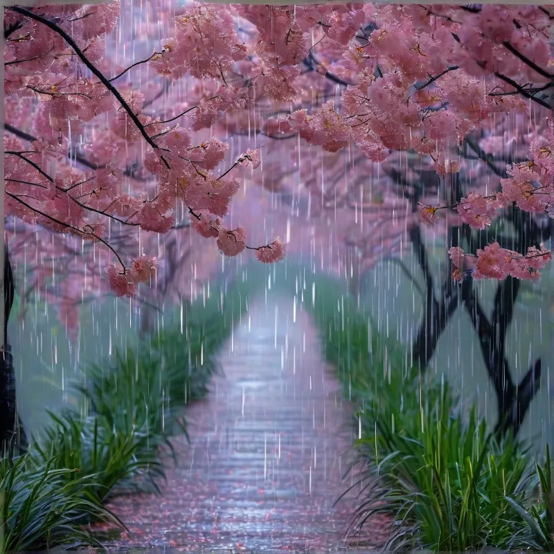 Pink cherry blossom branches hang over a wet stone path while rain falls steadily between green grass beds.