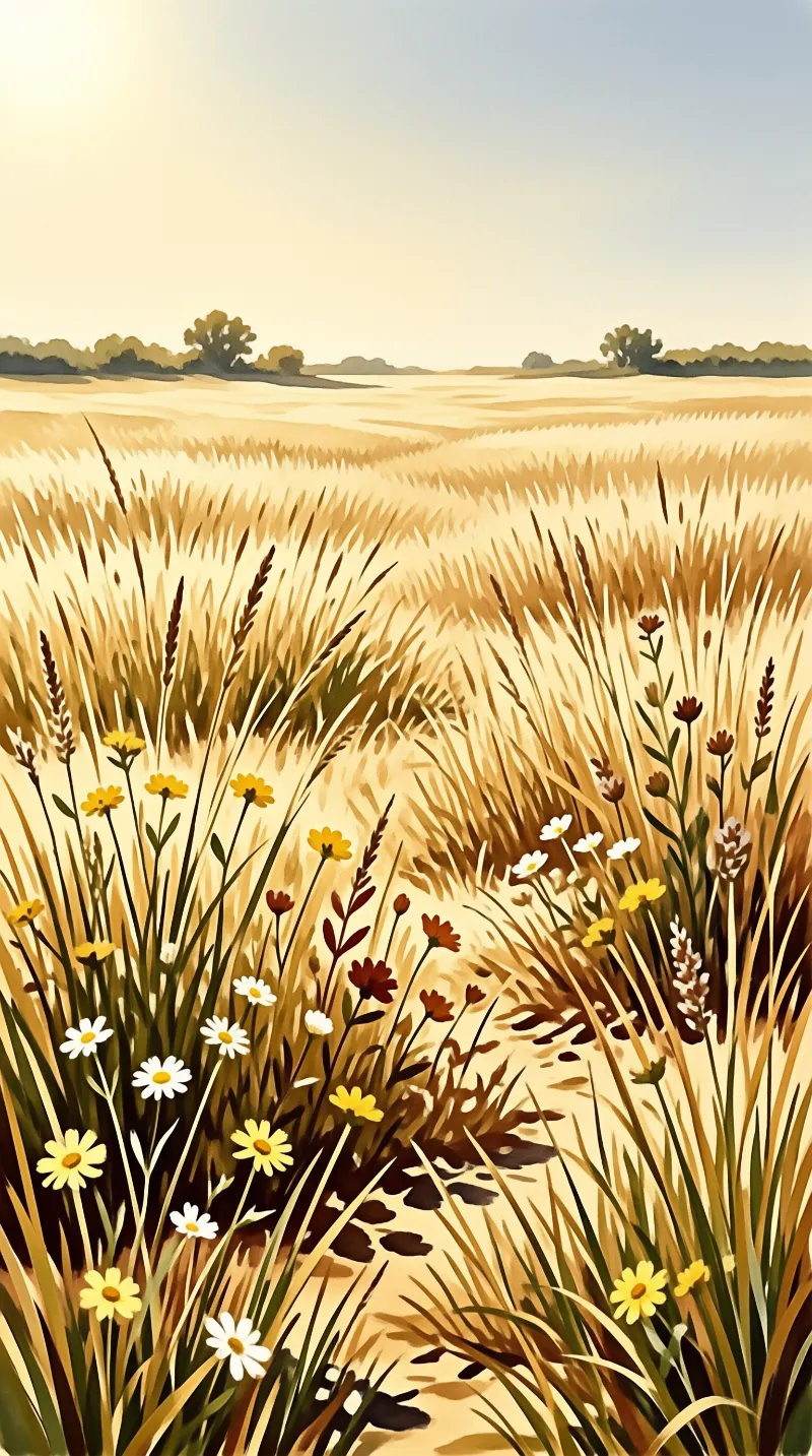 A painterly view of a meadow with tall dry grass and scattered wildflowers bathed in warm sunlight.