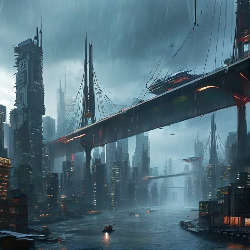 Futuristic city buildings rise from a dark waterway beneath a massive elevated bridge during heavy rainfall.
