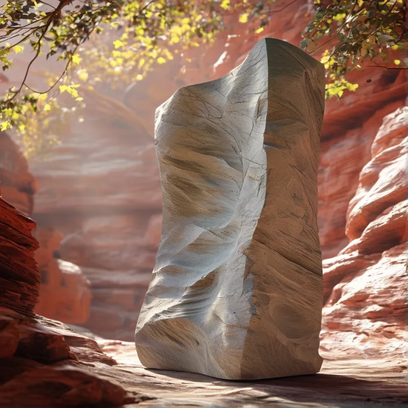 A large smooth grey rock stands tall amidst red canyon walls beneath hanging tree branches and sunlight.