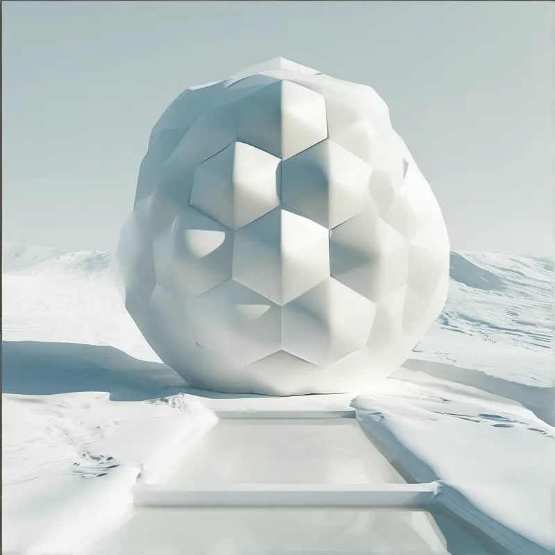 A massive white geometric structure with a honeycomb pattern rests upon a glossy frozen puddle within a vast snowy landscape.