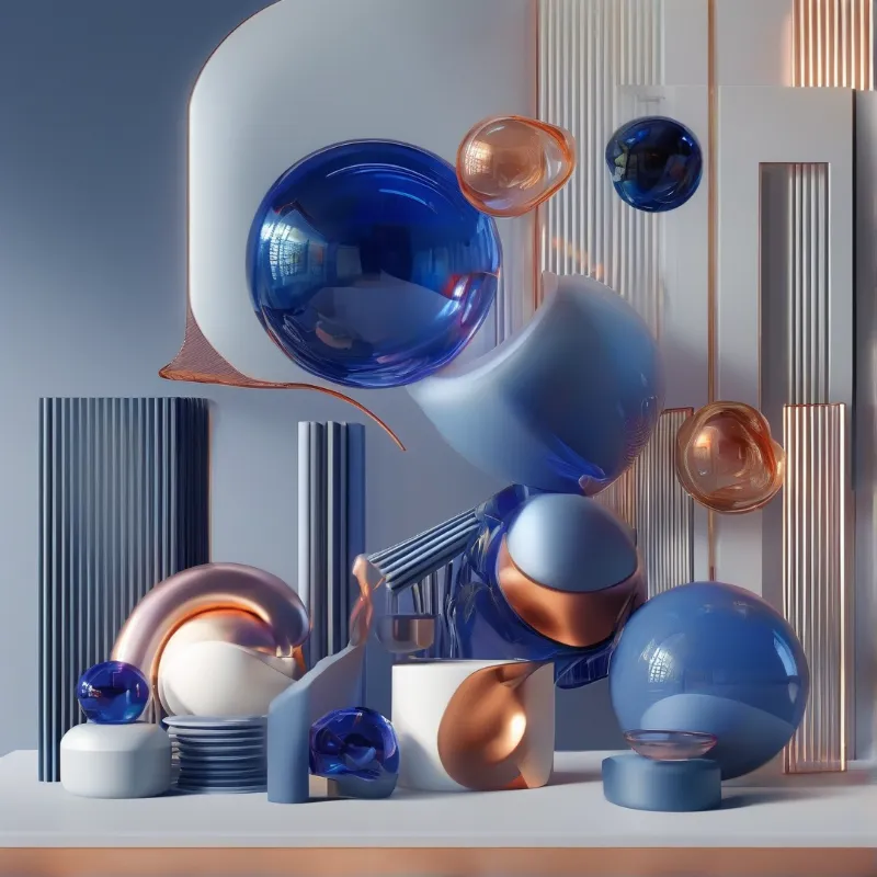 A collection of shiny blue and orange geometric shapes floats above a white platform with vertical lines.
