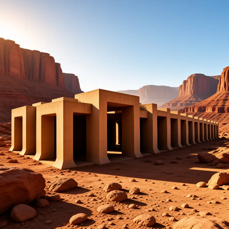 A series of beige geometric structures stands on red sand near tall rock formations under a clear sky.