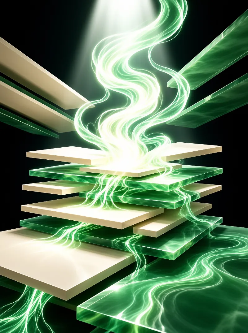 Ribbons of glowing green energy spiral down through floating cream and jade panels lit from above on black.